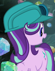 Size: 830x1074 | Tagged: safe, screencap, starlight glimmer, pony, unicorn, g4, rock solid friendship, cave, cropped, female, helmet, looking back, mare, mining helmet, solo