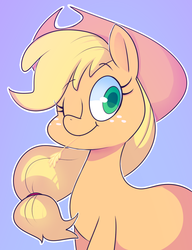 Size: 793x1031 | Tagged: safe, artist:norithecat, applejack, earth pony, pony, g4, blue background, cowboy hat, female, freckles, hat, looking at you, mare, one eye closed, simple background, solo, white outline