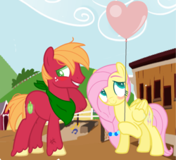 Size: 1024x928 | Tagged: safe, artist:firefox238, big macintosh, fluttershy, g4, balloon, base used, blushing, female, heart shaped, male, ship:fluttermac, shipping, straight