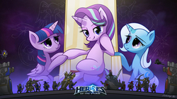 Size: 1920x1080 | Tagged: safe, artist:jeremywithlove, starlight glimmer, trixie, twilight sparkle, alicorn, pony, unicorn, g4, abathur, ana amari, arthas menethil, crossover, female, frostmourne, heroes of the storm, lesbian, lich king, minion, ship:startrix, ship:twistarlight, shipping, sitting, smiling, sword, symbiote, throne, throne slouch, twilight sparkle (alicorn), tyrael, wallpaper, weapon