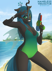 Size: 1024x1401 | Tagged: safe, artist:namelesstrickster, queen chrysalis, changeling, anthro, g4, armpits, beach, breasts, cleavage, clothes, female, looking at you, one-piece swimsuit, salute, seashore, sideboob, smiling, solo, swimsuit, toy