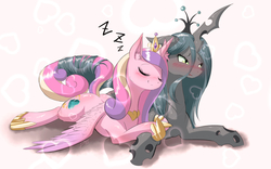Size: 1120x700 | Tagged: safe, artist:phoenixperegrine, princess cadance, queen chrysalis, alicorn, changeling, changeling queen, pony, g4, abstract background, blushing, couple, crown, cuddling, cute, cutealis, cutedance, ear fluff, embarrassed, eyelashes, eyes closed, female, floppy ears, happy, heart, heart background, hug, infidelity, intertwined tails, jewelry, lesbian, love, lying, mare, pleased, regalia, satisfied, ship:cadalis, shipping, smiling, spread legs, spread wings, spreading, wings, zzz