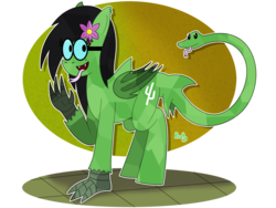 Size: 1280x960 | Tagged: safe, artist:b-cacto, oc, oc only, oc:prickly pears, bat pony, chimera, crystal pony, hippogriff, hybrid, original species, shark pony, snake, bat wings, claws, flower, flower in hair, glasses, simple background, snake for a tail, solo, super hybrid, tail, tongue out, transparent background, wat, wings