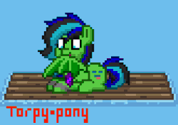 Size: 510x360 | Tagged: safe, artist:thetomness, artist:torpy-ponius, artist:torpyponius, oc, oc:torpy, pony, pony town, animated, blue mane, green pony, loop, nom, ponytownslobs, preening, raft, solo, star wars, water, wings