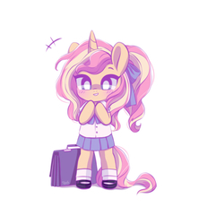 Size: 4700x5300 | Tagged: safe, artist:dressella, sunset shimmer, pony, unicorn, g4, absurd resolution, clothes, pastel, ponytail, school bag, school uniform, uniform