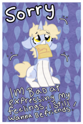 Size: 630x940 | Tagged: safe, artist:nootaz, oc, oc:nootaz, pony, unicorn, feels, mouth hold, sorry