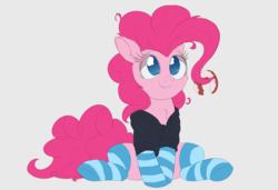 Size: 1500x1024 | Tagged: safe, artist:ncmares, pinkie pie, earth pony, pony, g4, chest fluff, clothes, cute, diapinkes, donut, female, food, hoodie, mare, messy mane, no pupils, simple background, socks, striped socks, wip