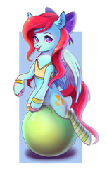 Size: 1513x2489 | Tagged: safe, artist:ghst-qn, oc, oc only, oc:cara swiftwing, pegasus, pony, clothes, exercise ball, female, hair bow, mare, smiling, socks, solo, sports bra, straddling, striped socks, sweatband, tank top, wings, workout