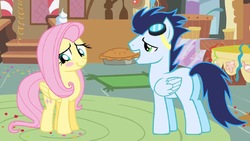 Size: 1024x576 | Tagged: safe, artist:jawsandgumballfan24, fluttershy, soarin', pegasus, pony, g4, blushing, female, food, male, mare, pie, shipping, soarinshy, stallion, straight