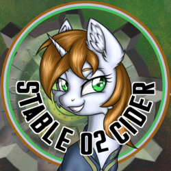 Size: 900x900 | Tagged: safe, artist:ravvij, oc, oc only, oc:littlepip, pony, unicorn, fallout equestria, bottlecap, brown, cap, clothes, cute, ear fluff, fallout, fanfic, fanfic art, female, fiaura, gray, green, hat, horn, jumpsuit, mare, smiling, solo, stable (vault), stable 2, stable door, teeth, text, vault, vault suit, vaultdoor