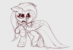 Size: 1200x819 | Tagged: safe, artist:ncmares, fluttershy, pegasus, pony, clothes, female, fluttergoth, folded wings, gagging, head turn, lidded eyes, mare, monochrome, open mouth, raised hoof, sketch, solo