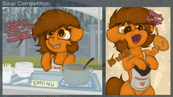 Size: 1986x1111 | Tagged: safe, artist:marsminer, oc, oc only, oc:venus spring, pony, unicorn, apron, clothes, comic, cute, female, food, looking up, ocbetes, smiling, solo, soup, that pony sure does love soup, trophy, venus spring actually having a pretty good time
