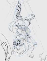 Size: 1572x2048 | Tagged: safe, artist:ncmares, sunset shimmer, pony, unicorn, g4, goggles, gun, hanging, hanging upside down, night vision goggles, rope, sketch, upside down, weapon