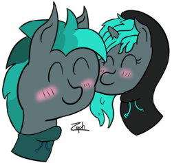 Size: 1416x1344 | Tagged: safe, artist:zephyr rose, oc, oc only, oc:velveeta rose, oc:zephyr rose, pegasus, pony, unicorn, blue mane, blushing, brother and sister, bust, clothes, cute, female, happy, hoodie, male, nuzzling, siblings, simple background, transparent background