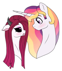 Size: 640x733 | Tagged: safe, artist:unoriginai, oc, oc:prince dawn, oc:princess nebula, pony, unicorn, blushing, brother and sister, bust, female, half-siblings, horns, interdimensional siblings, interspecies offspring, kitchen eyes, licking, licking lips, magical lesbian spawn, male, offspring, parent:lord tirek, parent:princess celestia, parent:twilight sparkle, parents:celestirek, parents:twilestia, simple background, stallion, tongue out, transparent background