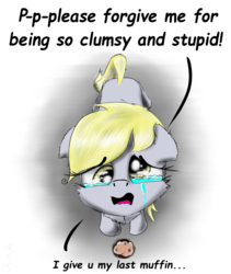 Size: 1500x1781 | Tagged: safe, artist:chopsticks, derpy hooves, pegasus, pony, g4, apology, bronybait, crying, cute, dialogue, feels, female, food, looking at you, looking up, mare, muffin, sad, sadorable, simple background, solo, stuttering, text