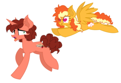 Size: 2158x1486 | Tagged: safe, artist:kaatseye, oc, oc:strawberry marscapone sandwich, oc:sunset sky, pegasus, pony, unicorn, brother and sister, duo, female, flying, half-siblings, heart eyes, interdimensional siblings, male, mare, offspring, parent:cheese sandwich, parent:pinkie pie, parent:rainbow dash, parents:cheesedash, parents:cheesepie, simple background, stallion, transparent background, wingding eyes