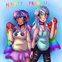 Size: 3150x3150 | Tagged: safe, artist:mylittleyuri, bon bon, lyra heartstrings, sweetie drops, human, g4, downvote bait, female, gay pride flag, high res, horn, horned humanization, humanized, lesbian, pride, pride flag, pride month, ship:lyrabon, shipping, tumblr