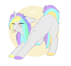 Size: 1400x1300 | Tagged: safe, artist:adostume, oc, oc only, oc:smoothie, pony, unicorn, blushing, raspberry, simple background, smiling, solo, stretching, tongue out, transparent background