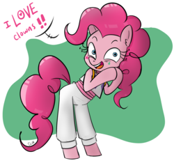 Size: 1522x1422 | Tagged: safe, artist:andacraft, artist:suismal, pinkie pie, earth pony, pony, semi-anthro, g4, abstract background, bipedal, clothes, cosplay, costume, dialogue, ear fluff, female, hisoka morow, hunter x hunter, open mouth, smiling, solo