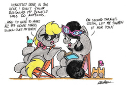 Size: 2258x1506 | Tagged: safe, artist:bobthedalek, oc, oc:mixed melody, oc:octavia's father, oc:octavia's mother, oc:ostinato melody, earth pony, pony, beach, beach chair, book, chair, food, ice cream, sandcastle, sunglasses, this will end in pain, traditional art