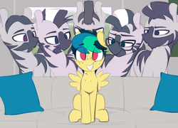 Size: 1835x1319 | Tagged: safe, artist:shinodage, oc, oc only, oc:apogee, pegasus, pony, zebra, :o, adventure in the comments, bedroom eyes, casting couch, couch, cute, eye clipping through hair, eyes on the prize, female, filly, freckles, glasses, grin, lidded eyes, looking at you, male, meme, meme origin, open mouth, pillow, piper perri surrounded, sitting, smiling, smirk, squee, stallion, this will end in degeneracy, this will end in pregnancy, zebradom