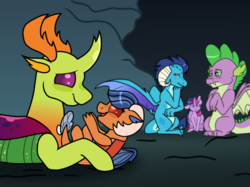 Size: 2048x1535 | Tagged: safe, artist:edgeyboiss, artist:kindheart525, princess ember, spike, thorax, twilight sparkle, oc, oc:pupa phosphorus, alicorn, changedling, changeling, dragonling, hybrid, pony, kindverse, g4, collaboration, digital art, father and daughter, female, interspecies offspring, king thorax, male, next generation, offspring, papa thorax, parent:princess ember, parent:thorax, parents:embrax, ship:spembrax, story in the source, story included, twilight sparkle (alicorn)