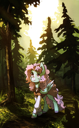 Size: 1243x1994 | Tagged: safe, artist:koviry, oc, oc only, oc:sugar star, pegasus, pony, clothes, dappled sunlight, folded wings, forest, looking up, outdoors, path, scenery, solo, walking, wings, ych result