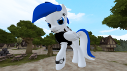 Size: 3020x1698 | Tagged: safe, artist:scalelover, oc, oc only, oc:striker blue, pegasus, pony, 3d, blue eyes, clothes, female, giant pony, house, macro, mare, picnic table, solo, table, town, tree, watch, wristwatch