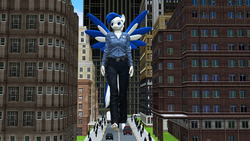 Size: 3020x1698 | Tagged: safe, artist:scalelover, oc, oc:striker blue, human, anthro, plantigrade anthro, 3d, building, city, clothes, female, giantess, macro, pants, people, skyscraper, wings