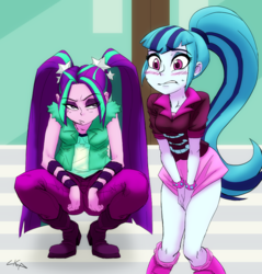 Size: 981x1028 | Tagged: safe, artist:paradoxbroken, color edit, colorist:ironhades, edit, aria blaze, sonata dusk, equestria girls, g4, blushing, boots, breasts, clothes, colored, covering, covering crotch, duo, duo female, embarrassed, female, miniskirt, need to pee, omorashi, pants, pigtails, ponytail, potty time, shoes, skirt, skirt pull, socks, spiked wristband, squatting, twintails, wristband