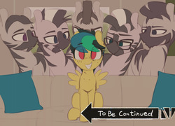 Size: 1835x1319 | Tagged: safe, artist:shinodage, edit, editor:twitchyylive, oc, oc only, oc:apogee, pegasus, pony, zebra, :o, bedroom eyes, couch, cute, eyes on the prize, female, filly, freckles, glasses, grin, imminent sex, implied rape, jojo's bizarre adventure, lidded eyes, looking at you, male, meme, open mouth, pillow, piper perri surrounded, roundabout, sitting, smiling, smirk, squee, stallion, to be continued (meme)