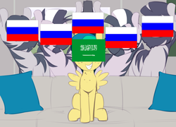 Size: 1280x920 | Tagged: safe, artist:shinodage, derpibooru exclusive, edit, oc, oc only, oc:apogee, pegasus, pony, zebra, :o, bedroom eyes, couch, cute, eqg flag-tag meme, eyes on the prize, female, filly, flag, football, freckles, glasses, grin, lidded eyes, looking at you, male, meme, open mouth, pillow, piper perri surrounded, russia, saudi arabia, sitting, smiling, smirk, squee, stallion, world cup, world cup 2018