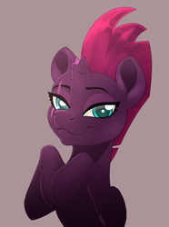 Size: 2015x2702 | Tagged: safe, artist:taneysha, fizzlepop berrytwist, tempest shadow, pony, unicorn, g4, my little pony: the movie, broken horn, eye scar, female, high res, hooves to the chest, horn, looking at you, mare, scar, simple background, smiling, solo, when she smiles