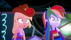 Size: 1280x720 | Tagged: safe, screencap, applejack, rainbow dash, equestria girls, g4, my little pony equestria girls: summertime shorts, raise this roof, bare shoulders, belt, clothes, cutie mark on clothes, duo, duo female, fall formal outfits, female, fingerless gloves, gloves, huh, looking at something, multicolored hair, rainbow hair, sleeveless, strapless, surprised
