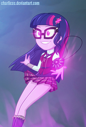 Size: 704x1034 | Tagged: safe, artist:charliexe, sci-twi, twilight sparkle, equestria girls, g4, my little pony equestria girls: friendship games, clothes, crystal prep academy uniform, evil, female, glasses, glowing eyes, grin, implied midnight sparkle, legs, magic capture device, miniskirt, possessed, school uniform, skirt, smiling, socks, solo, thighs, vest
