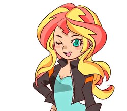 Size: 2046x1784 | Tagged: safe, artist:nonoworks, sunset shimmer, equestria girls, g4, clothes, cute, female, jacket, leather jacket, one eye closed, shimmerbetes, shirt, simple background, solo, white background, wink