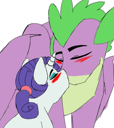 Size: 826x923 | Tagged: safe, artist:whitefox2k18, rarity, spike, dragon, pony, unicorn, g4, alternate hairstyle, blushing, duo, female, kissing, larger male, male, mare, older, older spike, ship:sparity, shipping, size difference, smaller female, straight