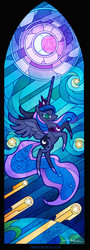 Size: 889x2459 | Tagged: safe, artist:alexia tryfon, princess luna, alicorn, pony, g4, my little pony: the movie, crescent moon, ethereal mane, female, mare, moon, signature, solo, stained glass, starry mane, stars