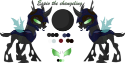 Size: 898x455 | Tagged: safe, artist:mlpcrystalharmony, artist:selenaede, oc, oc only, oc:espio, changeling, armor, base used, changeling oc, fangs, helmet, male, reference sheet, simple background, solo, transparent background