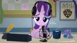 Size: 4422x2491 | Tagged: safe, artist:jhayarr23, starlight glimmer, trixie, pony, unicorn, g4, marks for effort, cape, chair, chocolate, clothes, empathy cocoa, female, food, fraiser crane, frasier, hat, headphones, horn, hot chocolate, implied lesbian, implied shipping, implied startrix, looking at you, mare, marshmallow, microphone, mug, multicolored hair, quill, radio show, show accurate, simple background, solo, vector, wizard hat