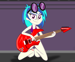Size: 1689x1410 | Tagged: safe, artist:grapefruitface1, derpibooru exclusive, dj pon-3, vinyl scratch, equestria girls, g4, bikini, clothes, female, guitar, looking at you, show accurate, solo, swimsuit