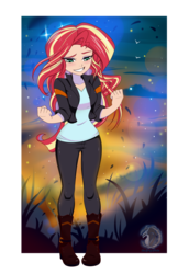 Size: 800x1236 | Tagged: safe, artist:silver-wingx, sunset shimmer, equestria girls, g4, my little pony equestria girls: friendship games, clothes, deleted scene, female, jacket, looking down, pants, scene interpretation, smiling, solo