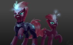 Size: 4210x2587 | Tagged: safe, artist:fluttersheeeee, fizzlepop berrytwist, tempest shadow, pony, unicorn, g4, armor, broken horn, duality, eye scar, female, filly, filly tempest shadow, glowing horn, horn, mare, scar, self ponidox, signature, time paradox, younger