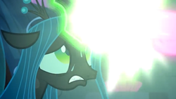 Size: 1100x619 | Tagged: safe, screencap, queen chrysalis, changeling, changeling queen, g4, the mean 6, beam struggle, female, implied mean twilight sparkle, laser, magic, solo, sweat, worried