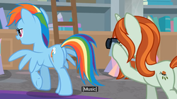 Size: 1102x618 | Tagged: safe, screencap, crackle cosette, queen chrysalis, rainbow dash, pegasus, pony, unicorn, g4, the mean 6, butt, camera, caption, female, mare, meme, plot, youtube caption