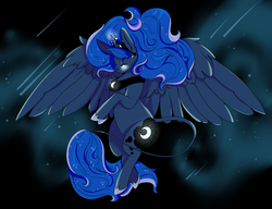 Size: 3900x3000 | Tagged: safe, artist:kirakiracalico, princess luna, alicorn, pony, g4, cloud, crown, ear fluff, female, glowing eyes, high res, hoof shoes, jewelry, leonine tail, mare, night, regalia, shooting stars, sky, solo, spread wings, wings