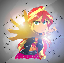 Size: 1500x1471 | Tagged: safe, artist:fantasygerard2000, edit, sunset shimmer, equestria girls, g4, badass, disintegration, female, glass, hand, lens flare, particles, photoshop, photoshop touch, smoke, solo