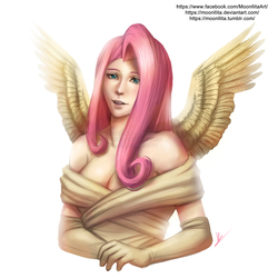 Size: 900x900 | Tagged: safe, artist:moonllita, fluttershy, human, g4, clothes, female, humanized, looking at you, simple background, solo, white background, winged humanization, wings