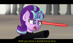 Size: 2570x1532 | Tagged: safe, artist:ashtoneer, starlight glimmer, pony, unicorn, g4, clothes, female, frown, glare, glowing horn, horn, insult, kylo ren, lightsaber, magic, mare, open mouth, pointing, solo, star wars, star wars: the last jedi, weapon